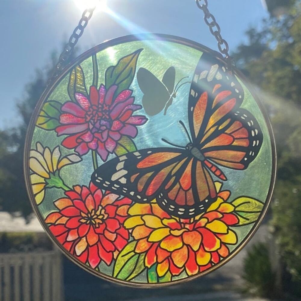 TWO Vintage Suncatchers Stained Glass Kitchen Angel Butterflies Flowers Metal